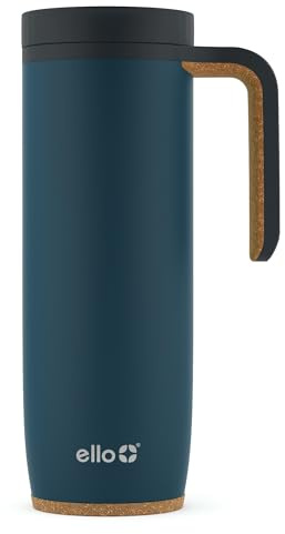 Ello Magnet 18oz Stainless Steel Travel Mug with Handle and Leak Proof Lid | Vacuum Insulated Coffee Cup Keeps Drinks Hot for 5 Hours | BPA Free Tumbler with Built In Coaster, Poseidon