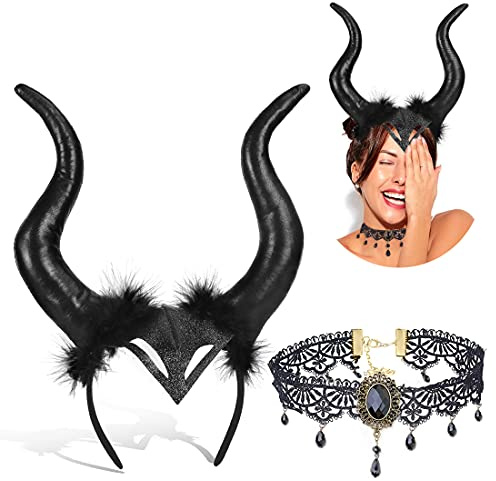 Wishstar 2 pcs Coiffe Halloween，Cornes de Diable，Ensemble de Collier en Dentelle, Les Filles décorent，Utilisé pour Cosplay