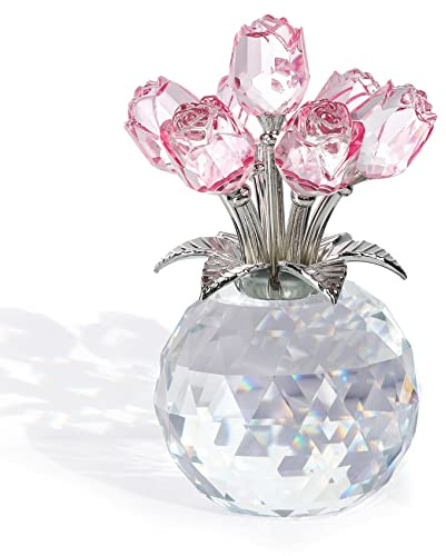 Bouquet de roses en cristal rose avec vase rond, cadeau romantique pour femme, elle, pour la Saint-Valentin, la fête des mères, Noël, ornements floraux en verre à collectionner pour la maison, fête