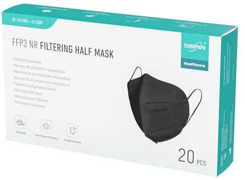 EUROPAPA® 20 x FFP3 svarta masker andningsskyddsmask 5-lager dammskyddsmasker hygieniskt individuellt förpackade plats certifierad EN149:2001+A1:2009 munskydd EU2016/425