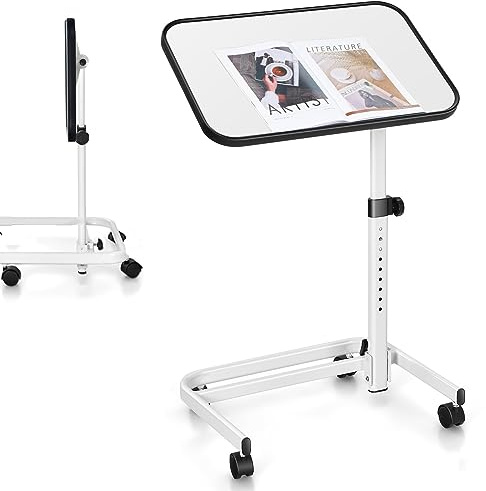 COSTWAY Table de Lit avec Roulettes Verrouillables, Réglable en Hauteur, Rangement Pliable, Plateau Inclinable 180°, pour Lit Médicalisé, Charge 20kg