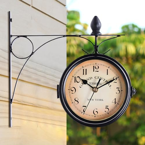 Kamanan Garten Wanduhr, Ø12cm Runde Doppelseitige Wanduhr Stille Metall Wanduhren Eisen Retro Uhr Zweiseitige Bahnhofsuhr Wetterfest Dekorative Wanduhr mit Halterung für Outdoor Veranda Wohnzimmer