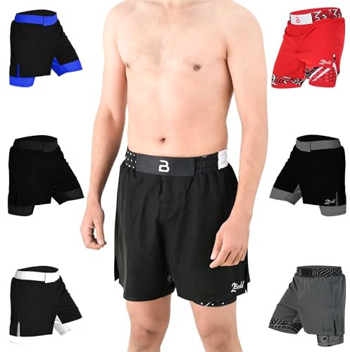 2BOLD Hybrid MMA Kampfshorts für Herren, 2-in-1, BJJ, Grappling, Jiu Jitsu, No-Gi, doppellagig, integrierte Kompression, Fitnessstudio, Laufshorts, Schwarz, Klein