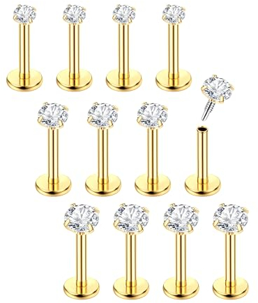 Chriscoco 16G 12Pcs Helix Piercings Chirurgenstahl Ohr Conch Nasen Tragus Lippen Labret Stud 6mm für Frauen Männer Gold