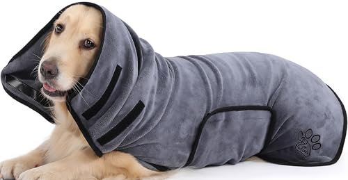 PETTOM Hundebademantel, Bademantel Hund mit Hohem Kragen, Hundebademantel für Große Mittelgroße und Kleine Hunde, Hunde Bademantel Mikrofaser mit Klettverschluss (Grau, M)