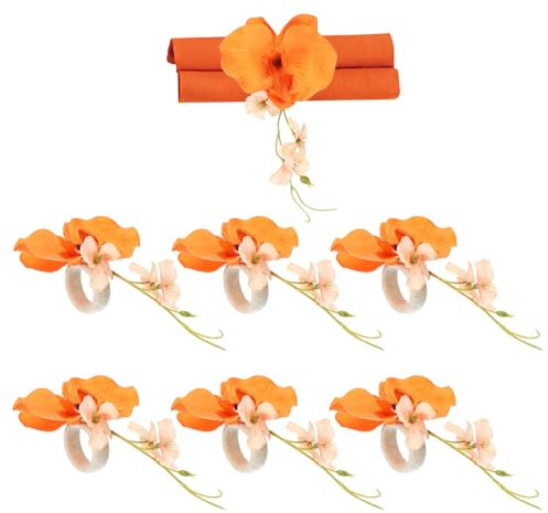 PATIKIL Handgjorda orkidéblommor servettringar, 6-pack hantverk blommig servetthållare för bröllop födelsedag bankett bordsdekoration jul Thanksgiving, orange