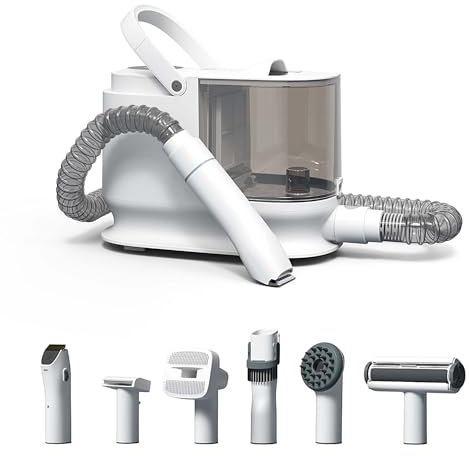 Fudajo Set per toelettatura di animali domestici 6 in 1, aspira peli per cani e gatti, tosatrice per cani, con accessori per la cura del pelo, colore bianco