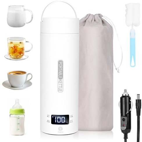 Dreamhigh® Hervidor Eléctrico Pequeño de Viaje, 500ml Calentador de Agua Portatil, 96W Pava Electrica Control Temperatura (45℃/ 55℃/ 80℃/ 100℃), Tetera Electrica para Té, Café y Leche (Auto (12V))
