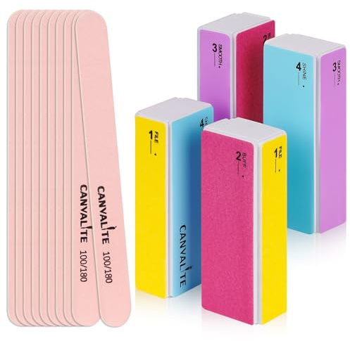 Canvalite Nail Files and Buffers, Shapes/Smooths/Shines Multi-Functional File & Polishing Buffing Block with 100/180 Grit Emery Boards, 14pcs Manicure Kit Natural Nail Care