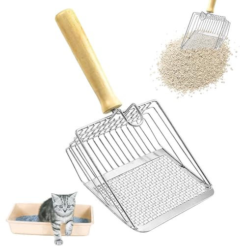 Half Forest Pala Arenero Gato Pala Arena Gatos Acero Inoxidable con Mango De Madera, Filtración De Doble Zona para Limpiar Arena Aglomerante para Gatos.