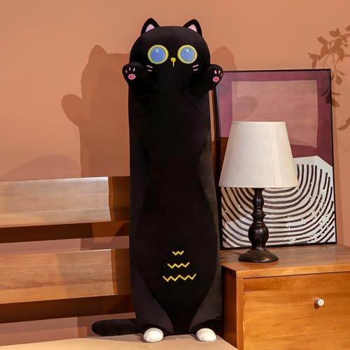 AMATOPDECO Long Cat Plush Pillows, Plushie Cute Kitty Stuffed Animal Hugging Plush Pillow Soft Toys for Women Gift (Black, 60cm/23.62inch)