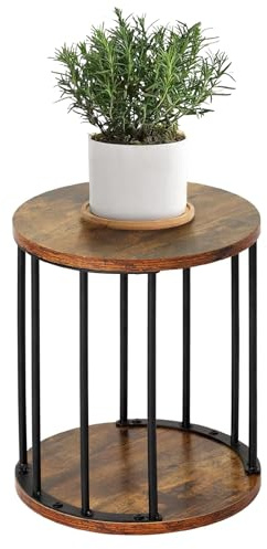 HDANI Rund Pflanzenständer Metall 35cm,Solider und Robuster Blumenständer für Wohnzimmer, Garten,Balkon, Blumenhocker Holzfür,Vintagebraun-Schwarz