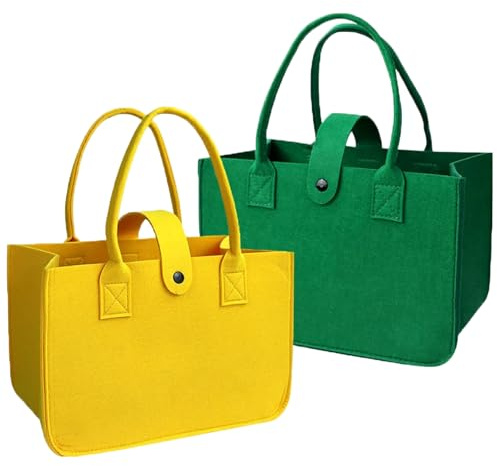 Syglawnd Livsmedelsväska, 2-pack återanvändbara matkassar kraftiga, 30 x 18 x 20 cm stor filtväska med förstärkt handtag, miljövänlig bärkasse för shopping picknick resor (gul + grön)