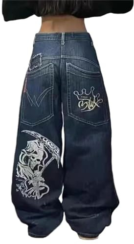 Glamidea Pantalon Jeans Imprimé pour Femmes Baggy Moderne Hip Hop avec Poches Style Y2K Gothique Pantalon à Jambes Larges Taille Moyenne-Basse Jeans de Loisir Confortable Streetwear