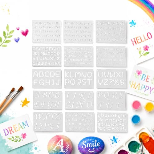 15 PCS Plastic Alphabet and Number Stencils, Reusable Letter Template Set, Milky White Washable Flexible Stencils for Art Lettering, Journaling, Painting, Scrapbooking and DIY Crafts