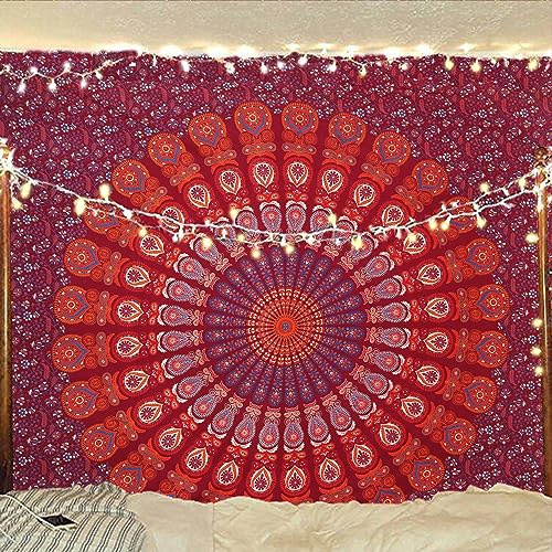 Bless International Indian hippie Bohemian Psychedelic Peacock Mandala Wall hanging Bedding Tapestry (Blue Red, Queen (84x90Inches)(215x230Cms))
