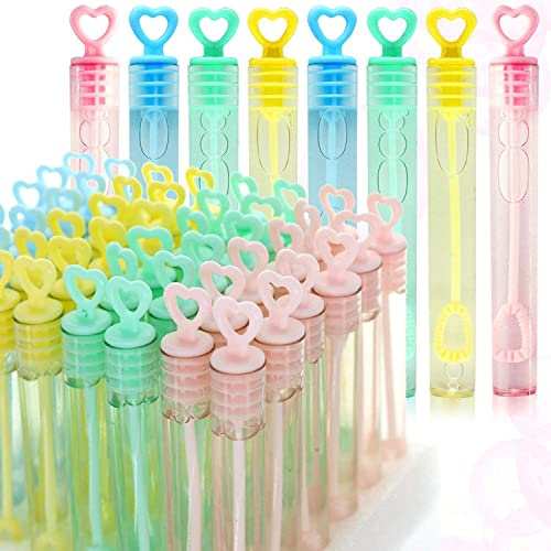 GIFTEXPRESS Valentine's Day Heart Shape Mini Bubble Wands for Kids - 32 Pack 4.25 Tall Assorted Pastel Color Heart Bubble Sticks - 5 mL Tube Non Toxic Bubbles Solution for Party Goodies Favors