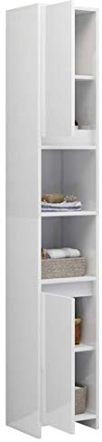 Susany Badezimmerschrank mit 6 Fächern 2 Türen Badschrank Badregal Badmöbel Schrank Badezimmer Regal Hochschrank Hochglanz-Weiß 30x30x183,5cm Spanplatte
