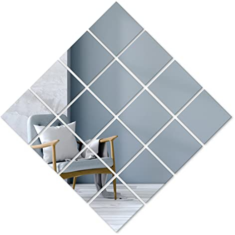 Heilmetz Spiegelfliesen Selbstklebend 15 x 15cm Quadratisch Spiegel Wandaufkleber DIY Dekorative für Wohnzimmer Badezimmer Schlafzimmer TV-Hintergrundwand 16 Stücke