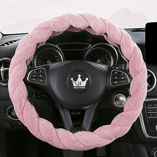 HighnessHwoo Lyxigt fluffigt rattskydd för vinter för kvinnor mjuk varm plysch söta biltillbehör för fordon, sedan, universell, luddig, halkfri, rosa, standardstorlek, 37,5–38,5 cm