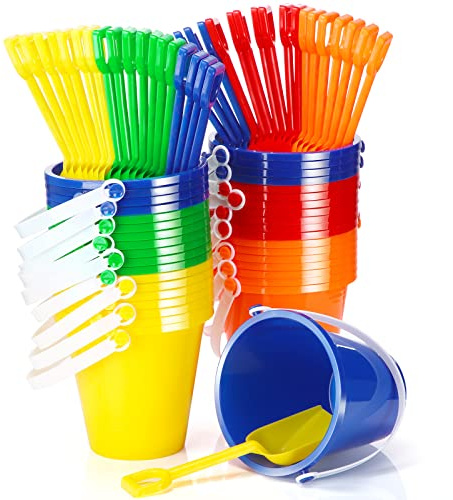 Woanger Set of 36 Beach Pails, Buckets and Shovels - 5 Inch Sand Play Set - Colorful Plastic Beach Buckets - Sand Castle Kit for Boys and Girls Birthday Party Favor