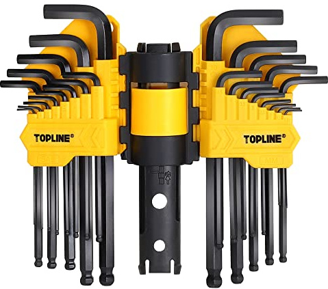 Topline 27-Piece Long Arm Allen Wrench Set with Ball End, SAE, Metric Hex Key Set Included, Hex L-Key Set, Portable Allen Key Set With Storage Rack for Basic Home Repair and General Applications