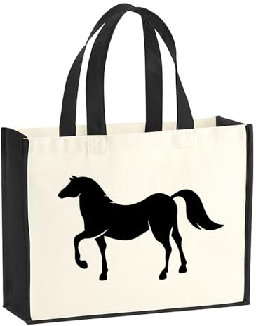 Huuraa Jutetasche Pferd Silhouette 21 Liter Black Jute und Baumwolle Einkaufstasche Geschenkidee