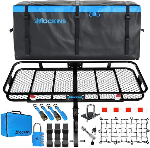 Mockins 60x24x6 Folding Trailer Hitch Cargo Carrier w/ 25 Cu Ft Waterproof Cargo Bag for Hitch Carrier | Heavy Duty 500 lbs Steel Luggage Rack for SUV, Car & Truck w/Plate Bracket & Accessories