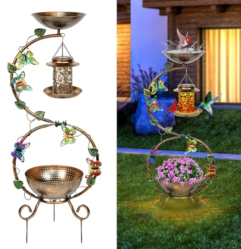 96,5 cm große Vogeltränke für den Außenbereich und Solar-Vogelfutterspender, Kombination mit Blumen-Pflanzgefäß, Metall-Vogeltränken, strapazierfähig für draußen, Vintage-dekorative Vogeltränke für