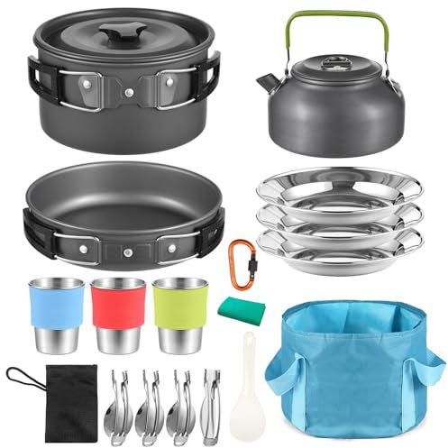 Camping Geschirr Set, Aomiun Campinggeschirr Kochset für 3 Personen, 22 Teilig Camping Kochgeschirr Set Camping Topf und Pfannen Kochset für Outdoor Camping Wandern Rucksackreisen