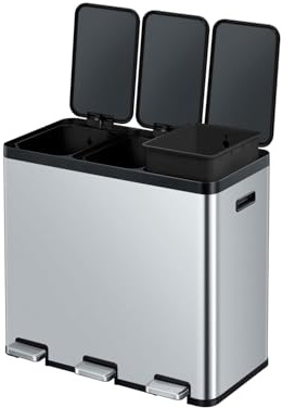 EKO | Cubo de Basura Reciclaje 60L con 3 Compartimentos de 20L | Papelera Cocina Acero Inox Antihuella con Pedales Independientes, Cubetas Extraíbles, Cierre Suave y Diseño Elegante