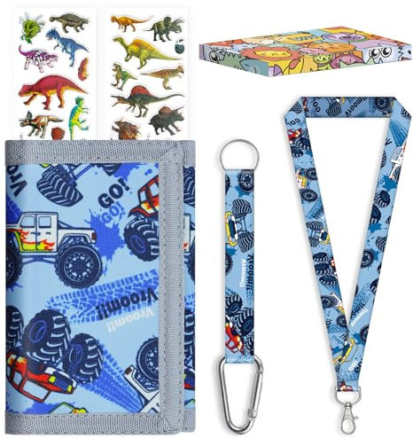 sundee Kids Wallet for Boys Girls 5-16, Box-Packed Boys Trifold Wallet with Lanyard and Zipper Coin Pocket for Kids Toddler Children, Novelty Sports Wallet with Stickers and Card Holder -Blue Car