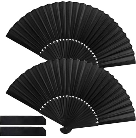CAIXIANGYU 2 Pezzi Ventagli pieghevoli Nero, ventagli da mano cinesi per matrimoni, performance, danza, decorazione e ventaglio estivo (2 Nero)