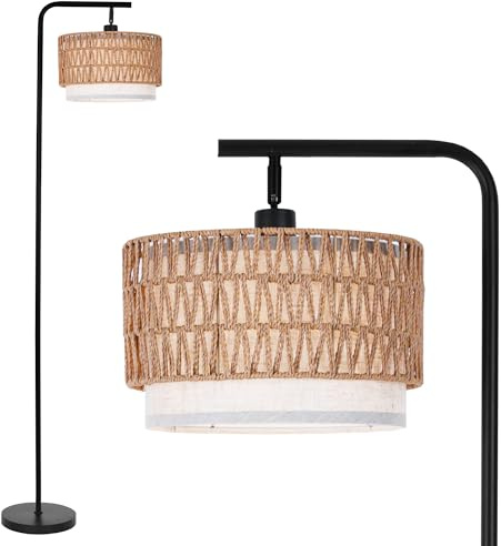 LuminexDesigns Lampadaire Rotin Bohème pour Salon, Lampe sur Pied de Vintage Rustique E27 pour Chambre, Double Abat-jour, 173cm Hauteur, Noir, Base Lourde Stable, Tête Orientable, Interrupteur au Pied