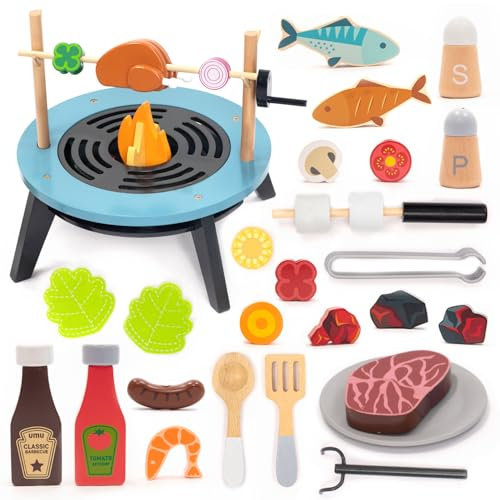 UMU® Grillset aus Holz für Kinder – 45-teiliges BBQ Spielset mit Grill, Fleisch, Gemüse, Fisch, Marshmallow & Zubehör – Rollenspiel Küchenspielzeug ab 3 Jahren