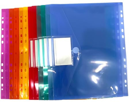 12 Carpetas Fundas Plastico A4 Impermeables,6 Colores,Fundas Plastico A4 con 11 Agujeros,Bolsillo para Etiqueta,Carpeta de Fundas para Archivador,Oficina,Escuela,Hogar