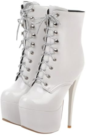 Hemobllo Botines de Charol para Mujer Botas de Tacón Cordones para Fiestas Nocturnas Botines Cortos de Cuero Sintético