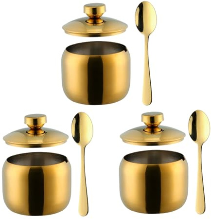 Contenitore per sale con cucchiaio, 3 set contenitori per condimenti con cucchiaio e coperchio Contenitore per zucchero in acciaio inossidabile 304 per servire zucchero, pepe, sale, spezie (Oro)