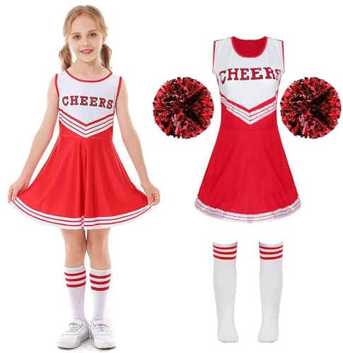 Cnexmin – Disfraz de animadora para niñas, Uniforme de pompón y niña, disfraz con pompones, mangas, disfraz de cheer líder halloween carnaval, 3 – 12 años