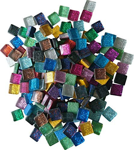Zimasi Glasmosaik 400 g – Bunte Glassteine zum Basteln & DIY – Bastelset mit Mosaiksteinen für Erwachsene & Kinder– Glitzer Mosaiksteine für kreative Projekte [ca. 440 Stück, 1x1 cm] Bunt Glitzer