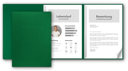 10 Stück 3-teilige Bewerbungsmappen favorit Blattgrün mit 2 Klemmschienen - sehr stabiler 350 g/m² Naturkarton mit eindrucksvoller Relief-Prägung BEWERBUNG - direkt vom Hersteller STRATAG
