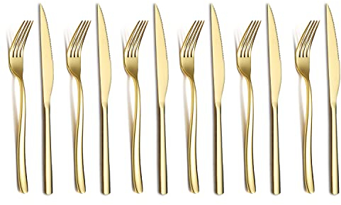Ensemble De Couteaux à Steak Or 12 Pièces, 6 Fourchettes à Dîner Et 6 Couteaux à Dîner En Acier Inoxydable De Qualité Supérieure, Lavables Au Lave-vaisselle (Or Brillant)