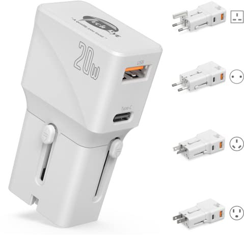 TechEye White Travel Adapter Worldwide – USB-C + QC3.0 Dual Port, 20W Fast Charging Plug for iPhone 15/14/13/12, Samsung S24/23, Fold, Note20 & More – Slim, Smart, and Portable
