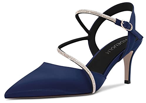 HDEUOLM Donna Spillo Medio Tacco Heel a Punta Sandali Slingback Diamante Cristallo Feste Cute 6.5 CM Heels Blu Navy 44 EU