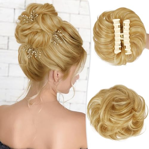 RUWISS Krallen Clip Messy Bun Haarteil Echthaar Wellig Lockig Chigno Haardutt Haarverlängerung Hochsteckfrisur Clip in Claw Haar Scrunchies für Damen（Helles Goldblond mit Bleichblonden Strähnchen）