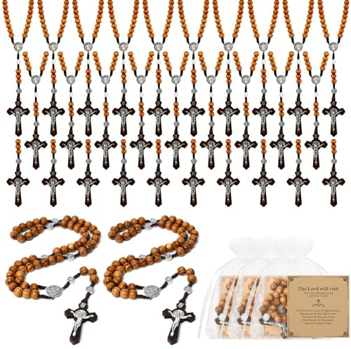 Taikula 12 PCs Wooden Rosary Necklace, Rosary Beads Catholic Handmade Beads Necklace, Prayer Holy Soil Medal and Metal Cross For Catholic Or Christian Gift, Pouch Baptism Favors Gift