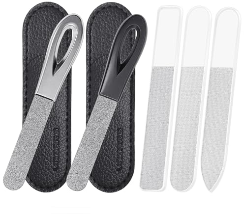 VOGARB 2pcs Metal Toenail Files and 3pcs Glass Polish Nail File Set for Natural Nails,3.6'' Pocket Size Fingernail & Thick Toe Nail Salon Home Travel (5pcs Set)