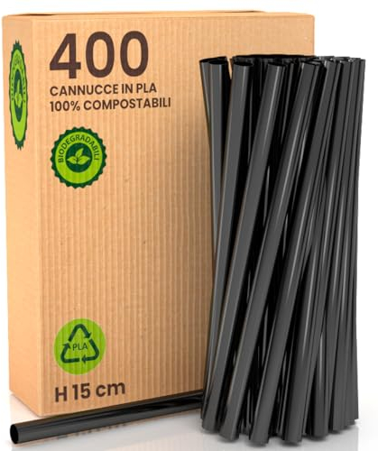 400 Cannucce Larghe Jumbo in Bioplastica 100% Rigide ed Ecologiche - 15 cm x 8 mm, Biodegradabili Compostabili Riutilizzabili Made in Italy - Per Bevande, Cocktail, Eventi e Feste – Colore Nero