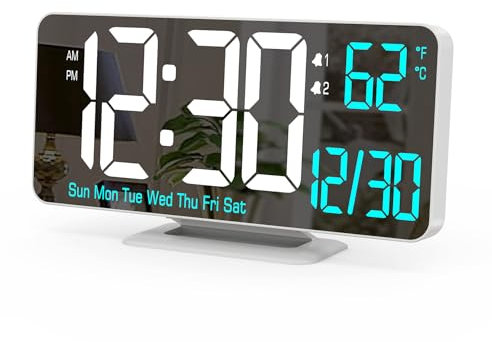 KOSUMOSU Digitale LED-Uhren für Schlafzimmer, 6,7 Zoll, weiße Weckeruhr, digitaler wecker digital, Dimmfunktion, 12/24 Stunden, Datum, Wochentag, Temperatur, Tischuhr, LED-Uhr für Nachttisch