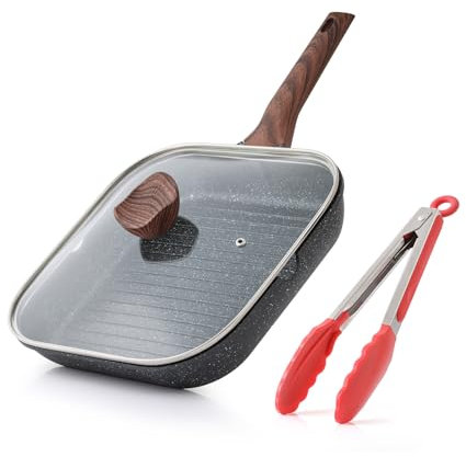 Kordisen Padella Bistecchiera Antiaderente con Coperchio 24 cm – Griglia Quadrata con Rivestimento in Granito, Doppio Beccuccio, Adatta all’Induzione, Senza PFOA